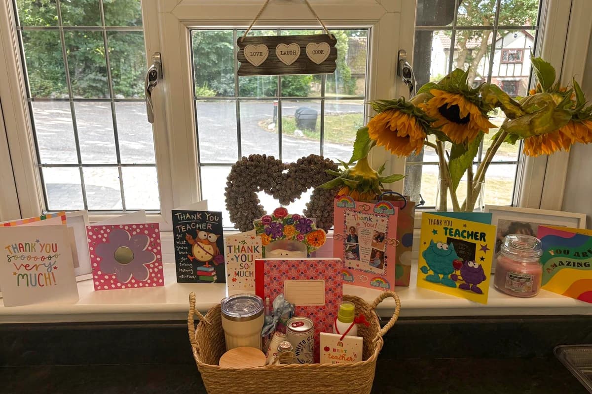 Thank you cards and gifts from families on a windowsill