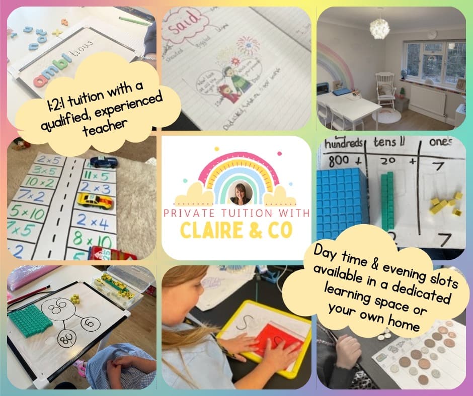 A collage of our tuition sessions: phonics, times tables, number bonds and our dedicated learning space